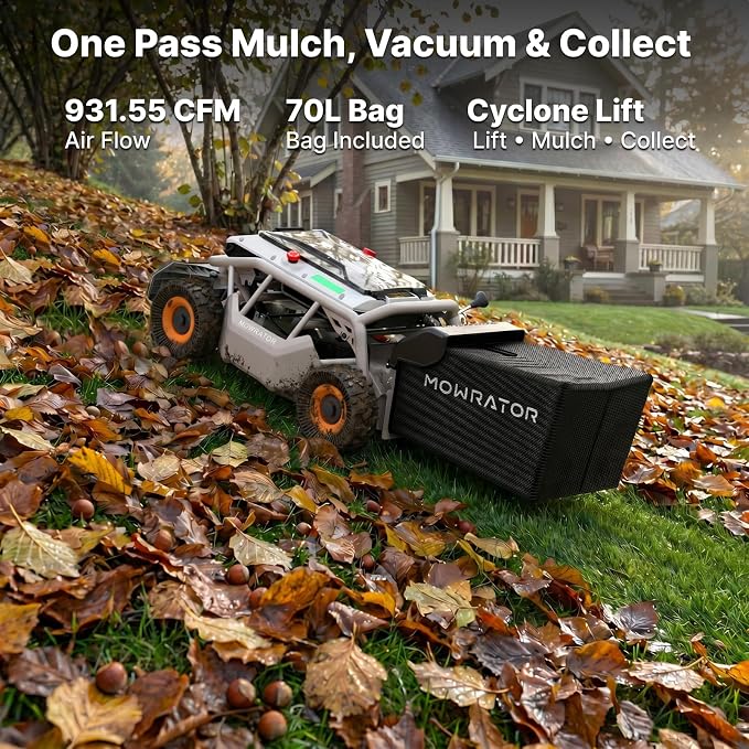Mowrator S1 4WD 18Ah Remote Control Lawn Mower with Grip Tread Tires, All-Season Yard Care, 119% (50°) Slope Climbing, with Leaf Shredding Vacuum, 21" Width, 1.5–4.3" Cutting Height, Up to 1.12 Acres