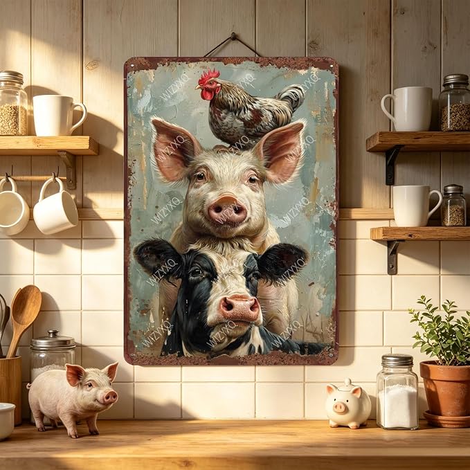 Metal Signs A Pig Cow Chicken Vintage Tin Sign for Home Office Kitchen Bar Cafe Garden Farmhouse Chicken Coop Wall Decor 12x8 Inch