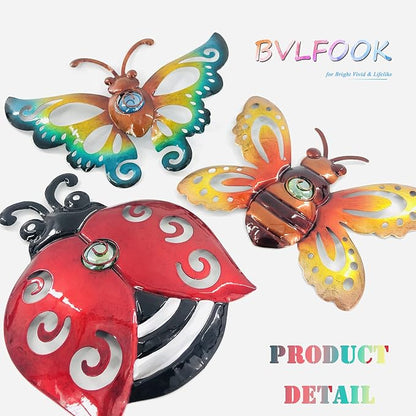 Garden Decor Butterfly Ladybug Bee Metal Wall Art, Hanging Wall Decoration | BVLFOOK; For Home; Garden; Porch; Patio Balcony Ornament; Outdoor; Birthday Gift, 3 Pack 9 Inch