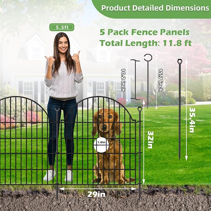 Blingluck Decorative Metal Garden Fence with Gate Lock 5 Panels, 32in (H) x 11.8ft (L) No Dig Dog Fence Outdoor for Yard, Temporary Rustproof Metal Wire Rabbit Dog Garden Border Fencing for Patio