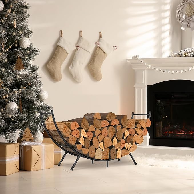 NANANARDOSO Curved Firewood Rack，48 inches Powder-coated Metal Fireplace Log Holder for Firewood Storage，Ideal for Indoor and Outdoor Fireplaces Wood Storage