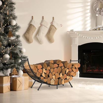 NANANARDOSO Curved Firewood Rack，48 inches Powder-coated Metal Fireplace Log Holder for Firewood Storage，Ideal for Indoor and Outdoor Fireplaces Wood Storage