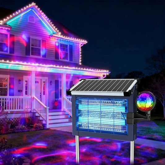 OnBeam Solar Bug Zapper Outdoor, 4500V Fly Zapper with Projector Lights | 10W Solar Panel, USB-C Charging, IPX5 Waterproof, Auto Mode, Wide Coverage, Mosquito Zapper for Backyard, Patio, Garden