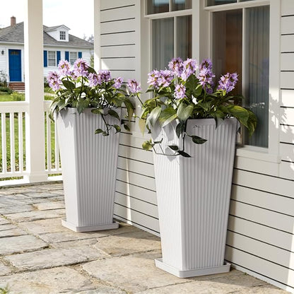 White Square Tall Planters for Outdoor Plants Set of 2-24" Modern Tapered Indoor Flower Pots with Drainage Holes/Partition/Tray, Large Outdoor Planters for Porch Patio Garden Front Porch