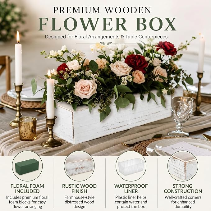 Dandat 6 Set Wood Boxes for Centerpieces 12x4 Inch Rectangle Wooden Planter Box Rustic Wooden Planters with Removable Plastic Liner Floral Foam Blocks for Christmas Wedding Home Garden Decor(White)