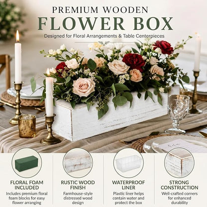 Dandat 6 Set Wood Boxes for Centerpieces 12x4 Inch Rectangle Wooden Planter Box Rustic Wooden Planters with Removable Plastic Liner Floral Foam Blocks for Christmas Wedding Home Garden Decor(White)