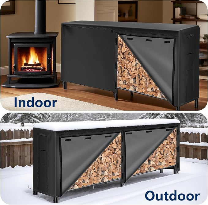AMAGABELI GARDEN & HOME 8ft Firewood Cover Waterproof Log Rack Cover Outdoor Wood Rack Cover Heavy Duty 600D Oxford Firewood Storage Cover Fire Wood Holder Cover Black