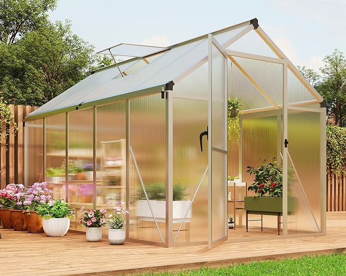 6x10 FT Greenhouse, Greenhouses for Outside, Polycarbonate Greenhouse with Aluminum Frame, Lockable Door and Ajustable Roof Vent for Backyard, Green Houses for Outside Garden Backyard, Patio
