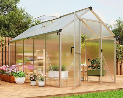 6x10 FT Greenhouse, Greenhouses for Outside, Polycarbonate Greenhouse with Aluminum Frame, Lockable Door and Ajustable Roof Vent for Backyard, Green Houses for Outside Garden Backyard, Patio