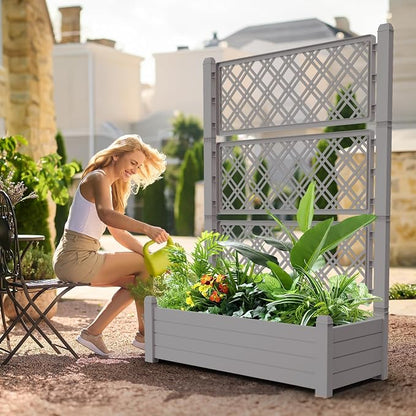 PatioZen Raised Garden Bed with Trellis for Climbing Plants, 43.43" L x 18.27" W x 59.29" H Self Watering Planter Box with Drainage Holes for Outdoor Backyard Patio Balcony, Anti-Rust Resin (Grey)