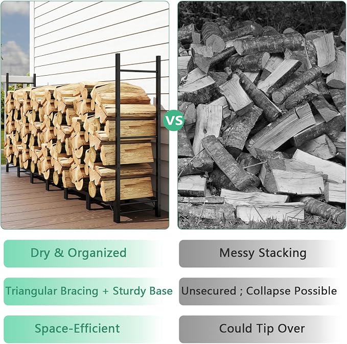Helios&Hestia 8Ft Outdoor Firewood Rack for Fireplace, Heavy Duty Steel Log Holder, Indoor Wood Pile Storage Organizer, Adjustable Stacker Stand, Black