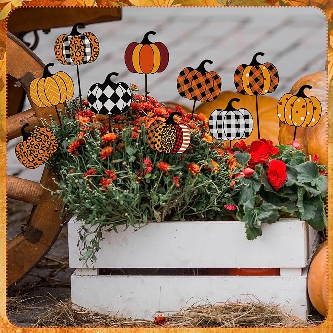 10 Pcs Fall Pumpkin Metal Garden Stakes Autumn Colorful Pumpkin Yard Signs Thanksgiving Decorative Garden Stakes Harvest Metal Yard Signs for Indoor Outside Porch Lawn Decor