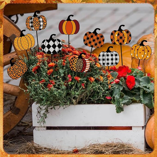 10 Pcs Fall Pumpkin Metal Garden Stakes Autumn Colorful Pumpkin Yard Signs Thanksgiving Decorative Garden Stakes Harvest Metal Yard Signs for Indoor Outside Porch Lawn Decor
