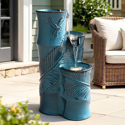 25.5" H Ceramic Outdoor Water Fountain with LED Lights, 3-Tier Cascading Bamboo-Style Water Feature, Teal Blue, Embossed Leaf & Dragonfly Patterns, Tranquil Waterfall for Garden, Patio & Yard