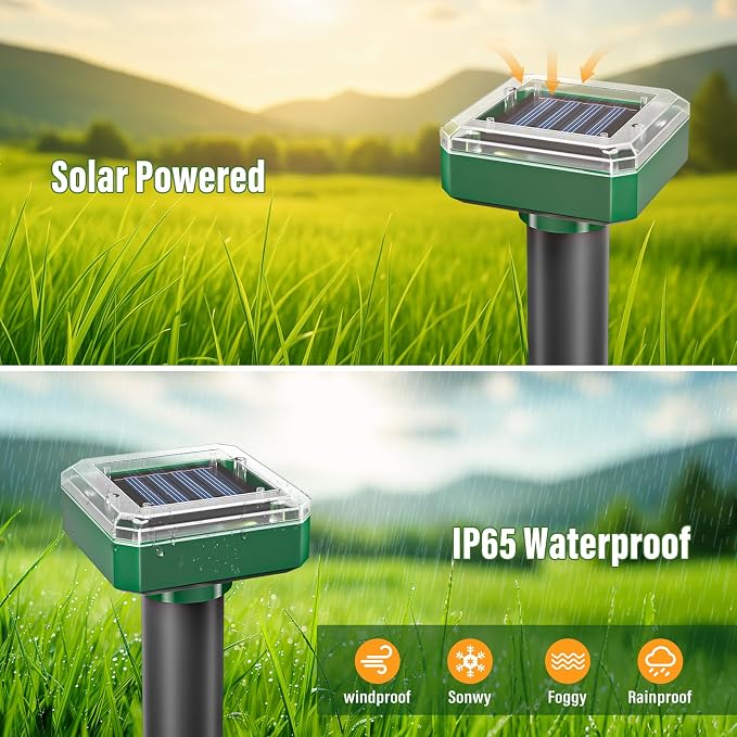 Solar Powered Mole Repellent, 10 Packs Ultrasonic Gopher Repellent Outdoor, Waterproof Vole Repellent for Lawn & Garden, Humane Deterrent for Moles, Groundhogs, Chipmunks & Snakes Square
