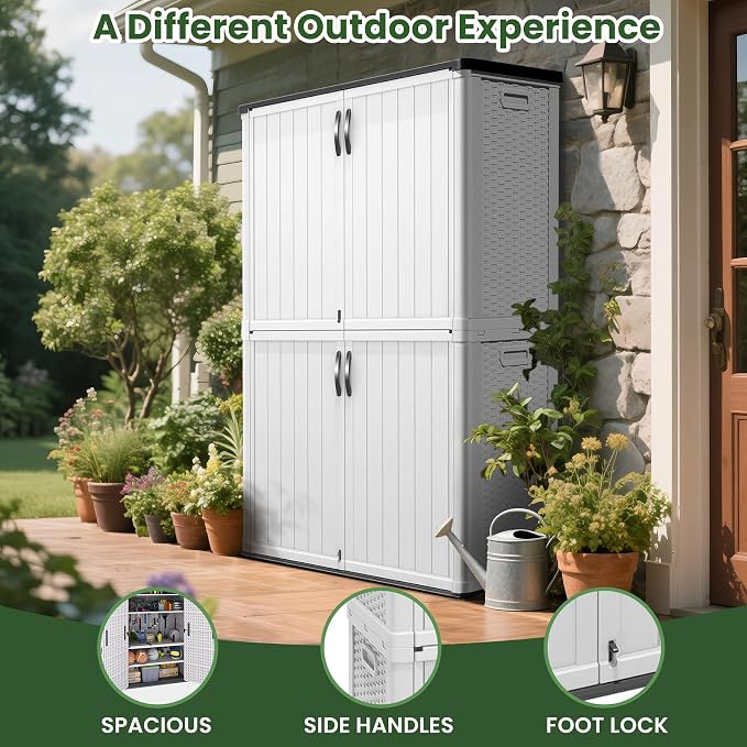 Greesum Outdoor Storage Cabinet Without Shelves, 50 cu.ft Outdoor Waterproof Storage Shed for Garden Tools, Garbage Cans, Pool Storage, White