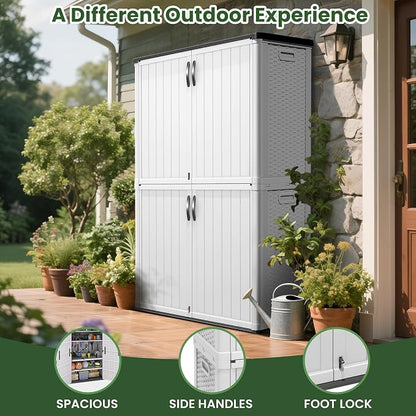 Greesum Outdoor Storage Cabinet Without Shelves, 50 cu.ft Outdoor Waterproof Storage Shed for Garden Tools, Garbage Cans, Pool Storage, White