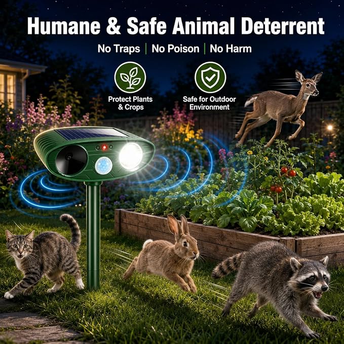 2 Pcs Upgraded Sonic Deer Repellent Devices,Solar Ultrasonic Animal Repellent Outdoor for Racoons,Squirrels,Cats,Rabbits &Foxes,Waterproof Flashing Light Motion Sensor Animal Deterrent for Garden Yard