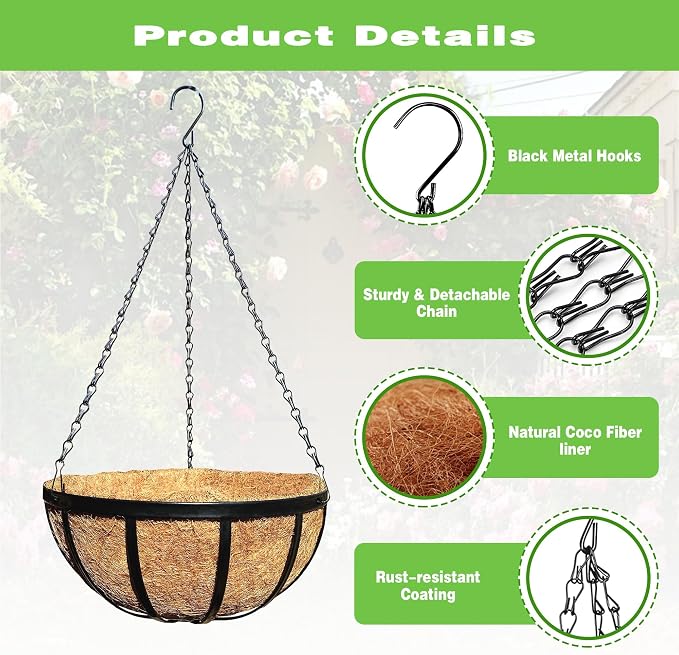 2 Pack 12 Inch Black Metal Hanging Basket Hanging Planter with Coco Coir Liner Heavy Duty Hanging Flower Pot Holder for Indoor Outdoor Patio Garden Porch Balcony Decor (Flat Iron)