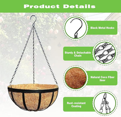 4 Pack 12 Inch Black Metal Hanging Basket Hanging Planter with Coco Coir Liner Heavy Duty Hanging Flower Pot Holder for Indoor Outdoor Patio Garden Porch Balcony Decor (Flat Iron)