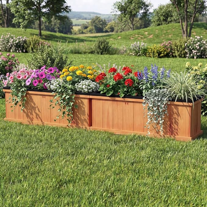 Giantex Outdoor Raised Garden Bed, 28” x 10” x 10” Pine Wood Planter Box with 3 Drainage Holes, Removable Bottom & Bed Liner, Rectangular Flower Container for Vegetables, Herbs, Indoor & Outdoor