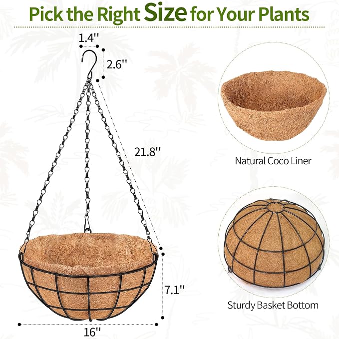 16 inch Hanging Baskets for Plants Outdoor, 4 Pack Large Hanging Planters for Outdoor Plants, Round Wire Hanging Flower Pots with Coconut Coir Liners for Garden, Deck, Porch, Balcony