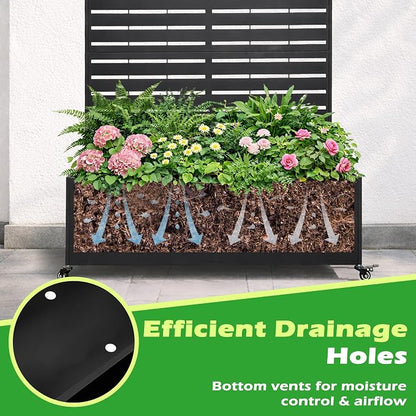 Metal Planter Box with Trellis, 43” L x 16” W x 71” H Raised Garden Bed with Wheels, Privacy Planters for Patio, Metal Planter Box with Drainage Holes, Black