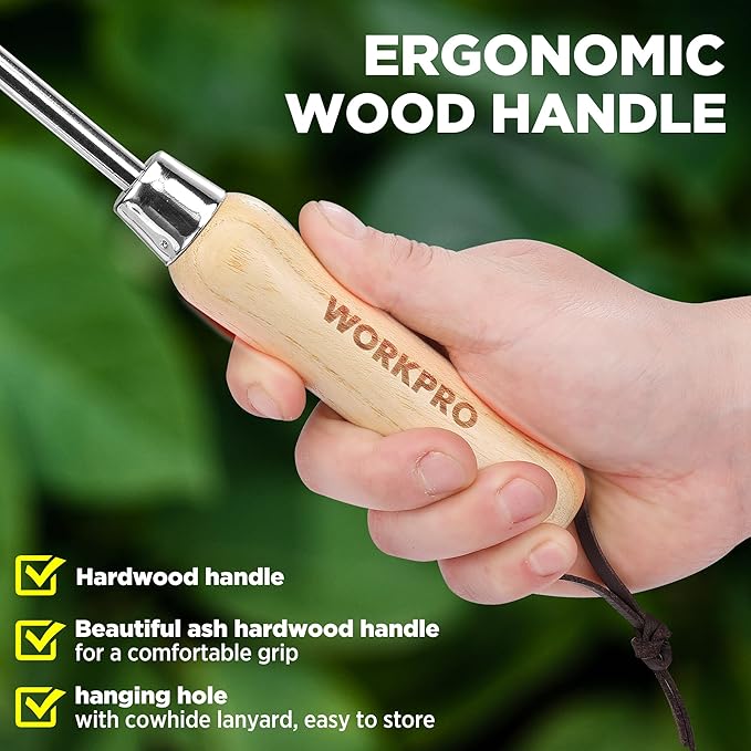 WORKPRO Dandelion Weeder Puller Tool with Wood Handle | Polished Stainless Steel Garden Weed Remover Tool, Two-Pronged Fork Weeder Tool for Lawn, Farmland, Transplant, Gardening