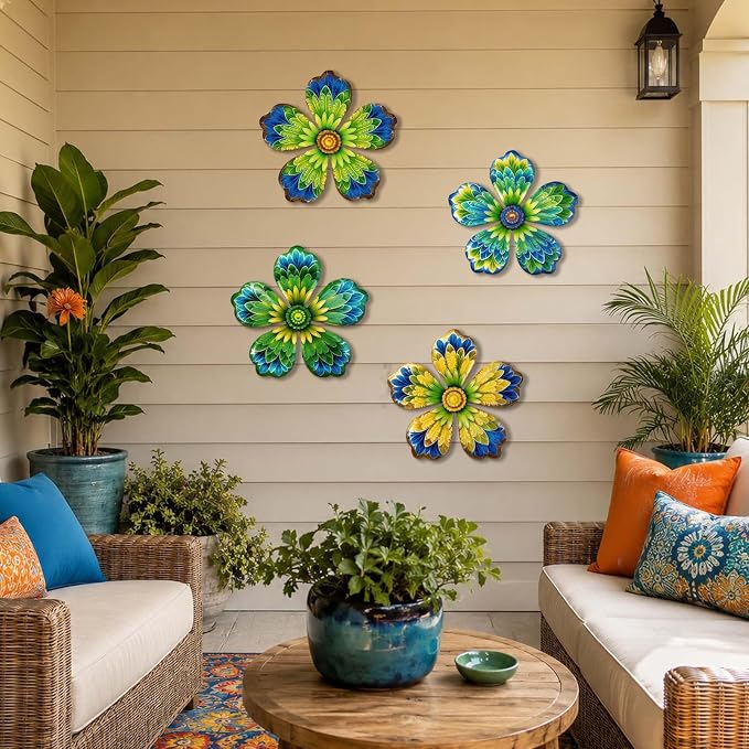 4-Pack Metal Flower Wall Decor, Outdoor Fence and Garden Art | Outdoor Wall Decor art, Easy To Hang, Ideal for outdoor fences, gardens, patios, yards and exterior walls