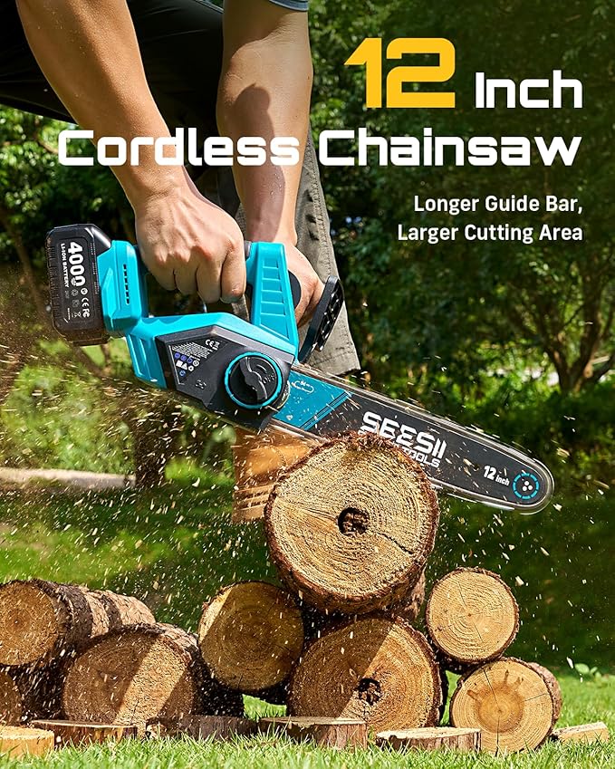 SEESII 12-Inch Electric Chainsaw Cordless, Brushless Motor | 2 x 4.0Ah Battery, Auto Oiling, Tree Saw with Tool-free Chain Tension, Wood Cutting Trimming Branch, Yard Work