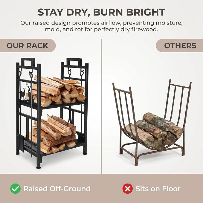 Firewood Rack Outdoor, 18 Inch 2 Tier Firewood Storage Log Rack with Heavy Steel Tube Construction, Wood Rack for Indoor Fireplace & Balcony (Black)