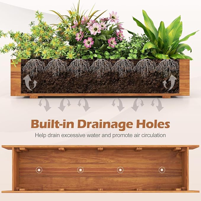 LDAILY Raised Garden Bed, 44" x 11" x 10" Wooden Planter Boxes with Removable Bottom & 4 Drainage Holes, Rectangle Flower Bed Outdoor, Wood Raised Beds for Garden Vegetable Herb