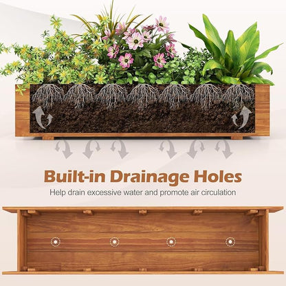 LDAILY Raised Garden Bed, 44" x 11" x 10" Wooden Planter Boxes with Removable Bottom & 4 Drainage Holes, Rectangle Flower Bed Outdoor, Wood Raised Beds for Garden Vegetable Herb