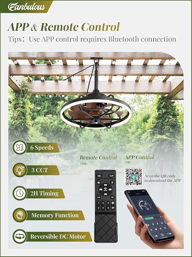 Fanbulous Outdoor Ceiling Fans with Light for Patios, 20" Weatherproof Plug in Ceiling Fan, Gazebo Fan Remote&APP Control, 3CCT Dimmable,Caged Ceiling Fan with Hanging Hook for Porch, Pergola,Canopy