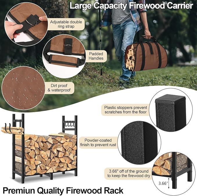 Firewood Rack Outdoor Indoor Holder with Log Carrier, Metal Heavy Duty Log Stand Stacker Holder with Kindling Hooks, Adjustable Stand Organizer Fire Wood Carrier Pads for Firewood Storage Fireplace