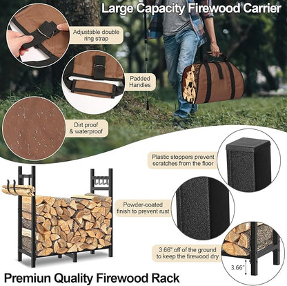 Firewood Rack Outdoor Indoor Holder with Log Carrier, Metal Heavy Duty Log Stand Stacker Holder with Kindling Hooks, Adjustable Stand Organizer Fire Wood Carrier Pads for Firewood Storage Fireplace