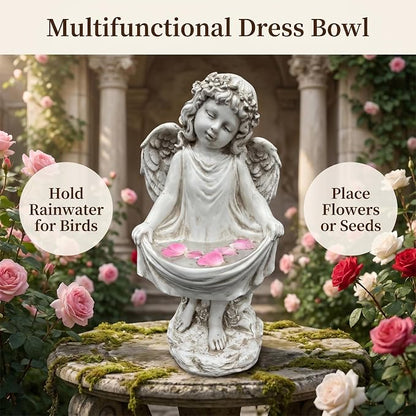 21" Tall Weathered White Angel Cherub Garden Statue, Resin Vintage Dress Sculpture Figurine, All Weather Indoor Outdoor Decor for Yard Lawn Patio Backyard Memorial