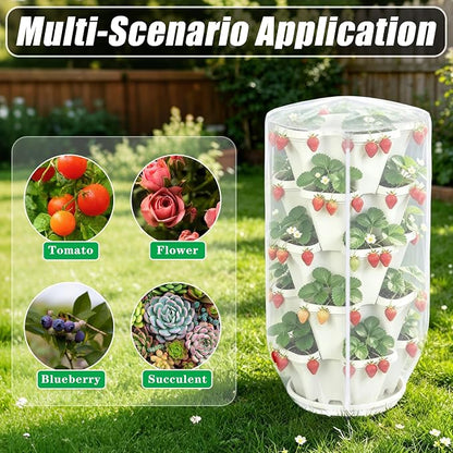 24"x40"Vertical Plant Pot Insect Netting with Zipper for Strawberry Planter | 2 Pcs Stackable 5 Tier Planter Pot Insect Mesh Protection for Herb Flower Fruit Vegetable, Front and Rear Two Zippers