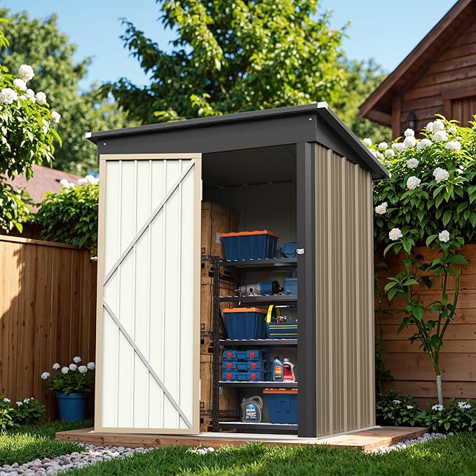 Greesum 5 x 3 FT Metal Outdoor Storage Shed, Brown | Waterproof & Weather Resistant Tool House with Lockable Single Door for Backyard Garden Patio Storage