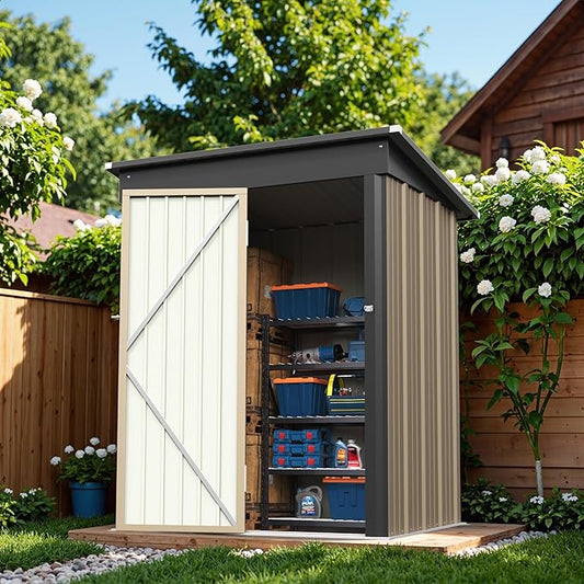 Greesum 5 x 3 FT Metal Outdoor Storage Shed, Brown | Waterproof & Weather Resistant Tool House with Lockable Single Door for Backyard Garden Patio Storage