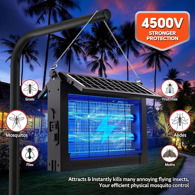 Solar Bug Zapper Outdoor, Dual Solar Panels, 4500V Waterproof Portable Mosquito Zappers, Cordless Fly Trap w/Auto Mode, Rechargeable Mosquitoes Insect Killer for Patio Yard Camping Garden Pool(Black)