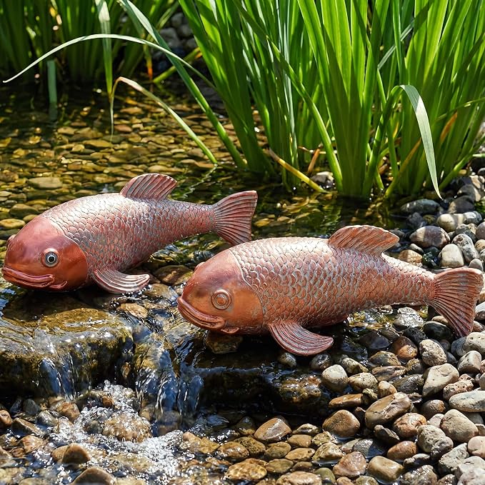 Koi Fish Decor, Set of 2 Antique Koi Garden Statues Art, Pond Accessories, Yard Pond Decor, Large Outdoor Garden Statues Ornaments, Real Fish Sculpture Art (10.8")
