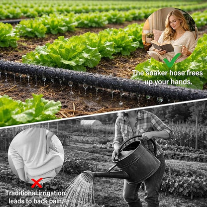MIXC 80% Water-Saving Soaker Hose – 1/4" x 100 Ft Drip Irrigation Tubing for Garden, Lawn, Flower Beds & Vegetable Rows, with 1/4" Drip Fittings