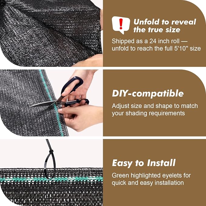 Artpuch 70% Black Garden Shade Cloth Roll for Plants, Sun Shade Cover Fabric Roll with UV Block Shades Netting Mesh Privacy Fence Screen for Greenhouse, Backyard, Patio, 8' x 100 FT