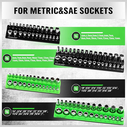 SWANLAKE 4-Piece Magnetic Socket Organizer Set, Metric & SAE Socket Holder Set Includes 1/4", 3/8" Drive Sockets Trays, Magnetic Sockets Organizer for Tool Box Drawer