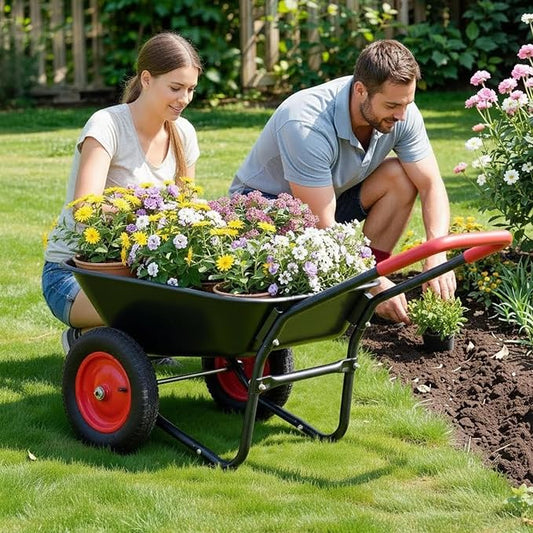 Autodaya Dual-Wheel Garden Cart, 14" Pneumatic Tires & Built-in Stand, 4.5 Cu Ft Utility Yard Wheelbarrow for Gardening, Soil, Construction, Easy Assembly,Red