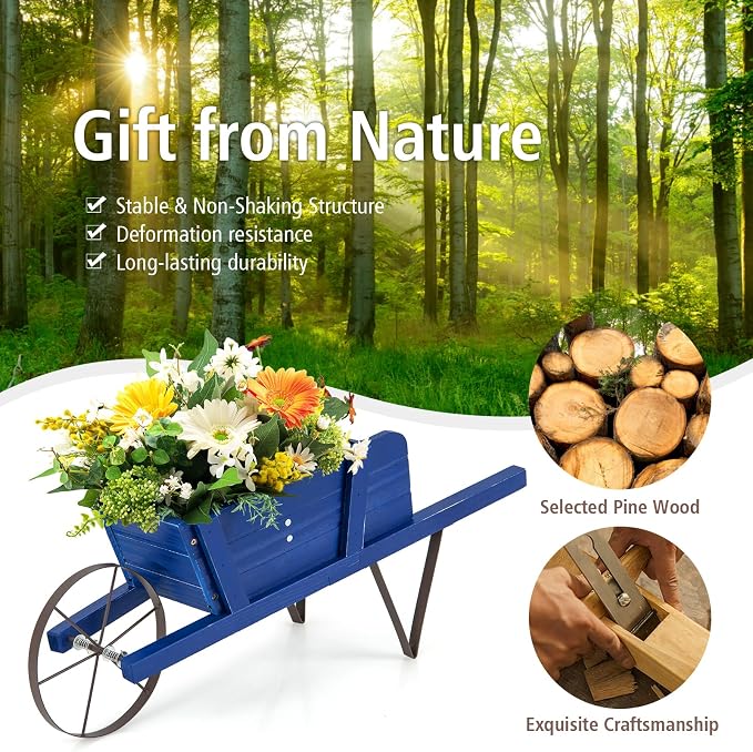 Wooden Wagon Planter, 27.5"x10.5"x11.5" Wheelbarrow Cart Plant Pot with Halloween Decoration & Mental Supports, Single Wheel Movable Garden Flower Cart Planter for Yard, Backyard (Blue)