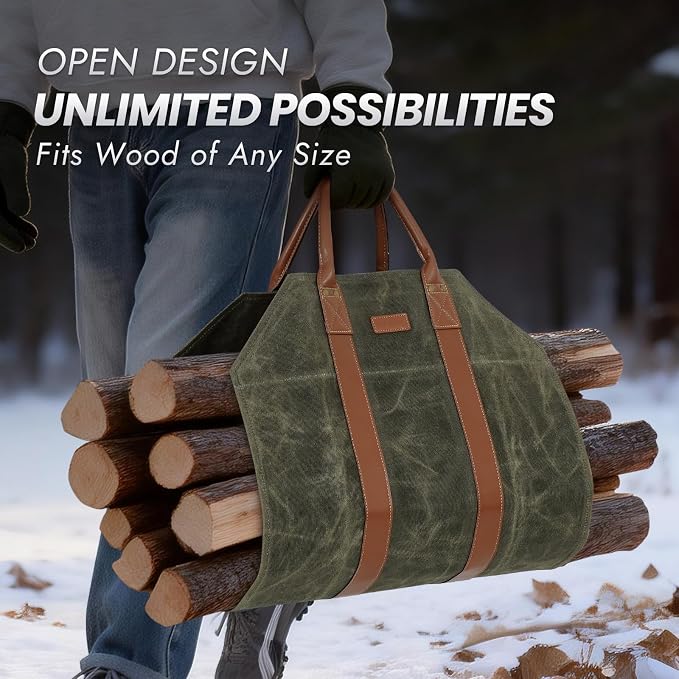 INNO STAGE Canvas Log Carrier Bag,Durable Wood Tote,Fireplace Stove Accessories,Extra Large Firewood Holder with Handles for Camping (39" L x 18" W-Green)