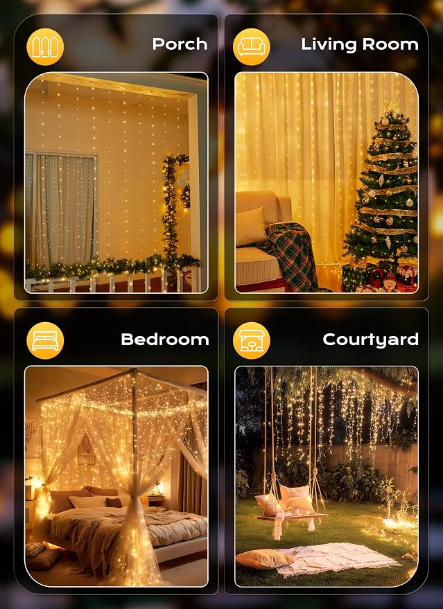 Brightown 2 Pack 300 LED Fairy Curtain Lights, 9.8ft x 9.8ft String Lights | USB Plug in 8 Lighting Modes Christmas String Hanging Lights with Remote for Bedroom Indoor Outdoor Party Xmas Warm White