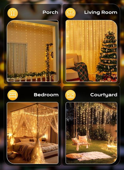Brightown 2 Pack 300 LED Fairy Curtain Lights, 9.8ft x 9.8ft String Lights | USB Plug in 8 Lighting Modes Christmas String Hanging Lights with Remote for Bedroom Indoor Outdoor Party Xmas Warm White